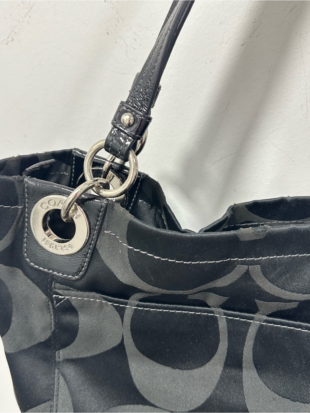 Coach Black Signature Jacquard Tote Bag Silver Hardware Leather Trim - Picture 9 of 10